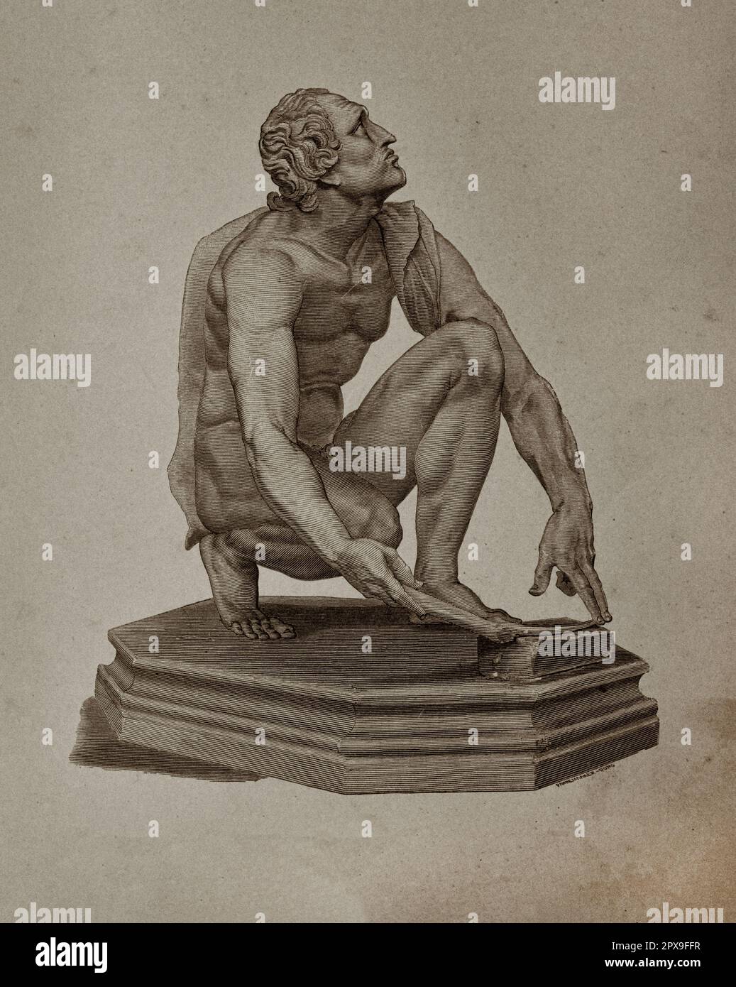 Vintage-Illustration einer Statue eines Messerschleifers. Statue der Skulpturengruppe „Hlay of Marsyas“. Weißer Marmor. Römische Kopie des hellenistischen Modells des 1. Jahrhunderts v. Chr. Stockfoto