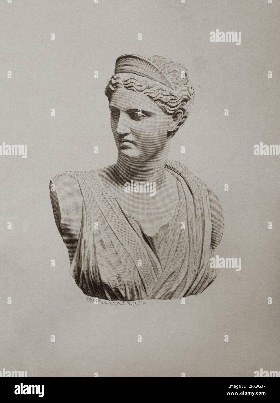 Alte Illustration von Diana von Versailles. Die Diana von Versailles oder Artemis, Göttin der Jagd, ist eine leicht überlebensgroße Marmorstatue der römischen Göttin Diana (Griechisch: Artemis) mit einem Reh. Die Statue ist auch bekannt als Diana mit einem Doe, Diana Huntress und Diana von Ephesus. Es ist eine teilweise restaurierte römische Kopie (1. Oder 2. Jahrhundert n. Chr.) eines verlorenen griechischen Bronzeoriginals, das Leochares, c. 325 v. Chr., zugeschrieben wurde. Stockfoto