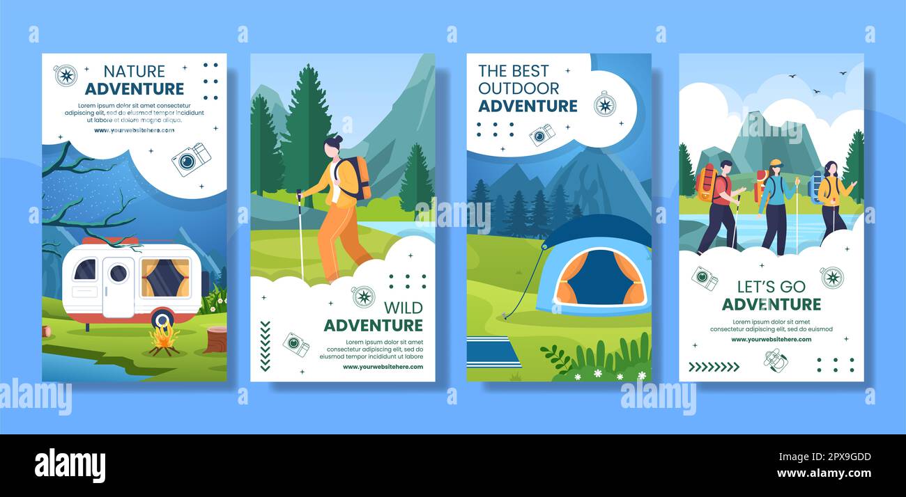 Naturabenteuer oder Urlaub Geschichten in sozialen Medien flache Cartoon handgezeichnete Vorlagen Illustration Stockfoto