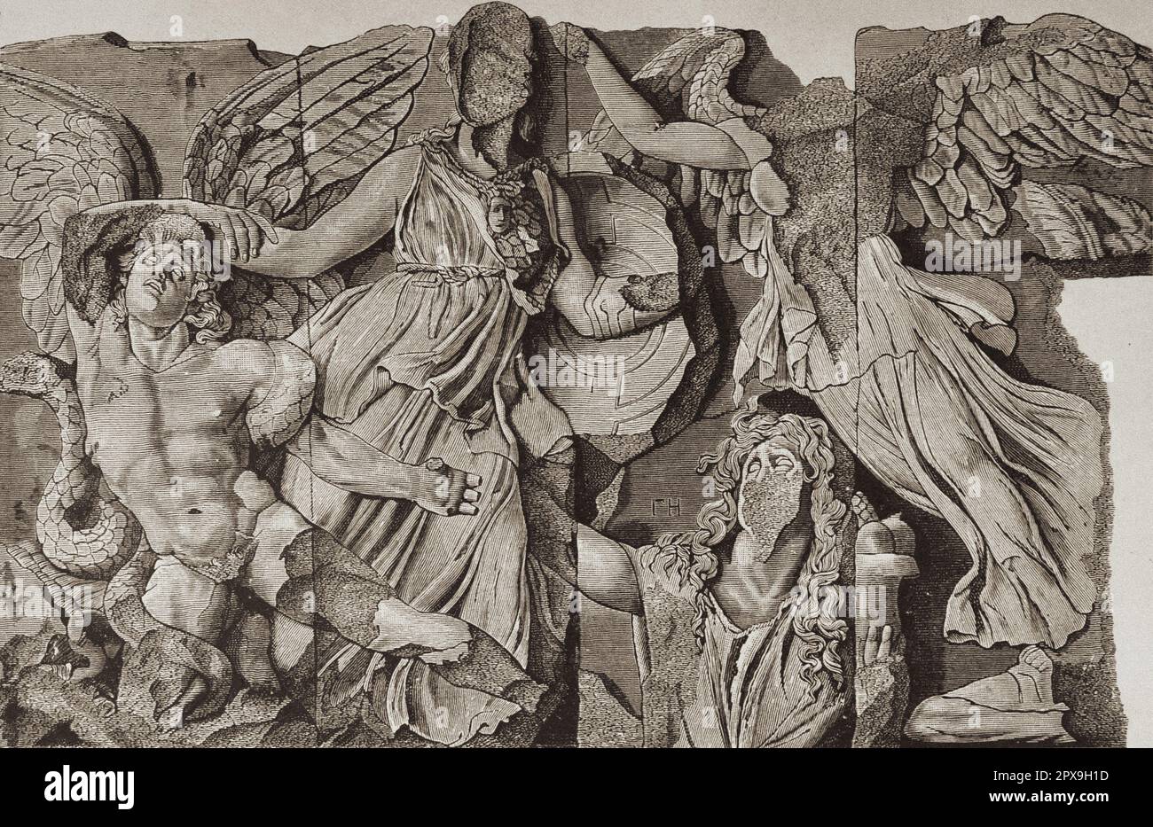 Eine klassische Illustration von Athena und Nike Fight Alkyoneus, Gaia erhebt sich vom Boden. Von den Reliefs des Pergamon-Altars. Stockfoto