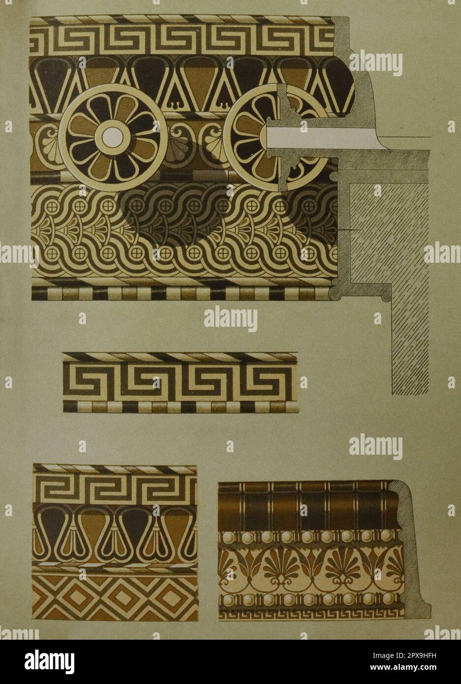 Vintage-Illustration der Architektur von Hellas. Ornamente in den Tempeln des antiken Griechenlands. (Felsvorsprung des Zeus-Tempels, Olympia, mit Ausnahme der Abbildung unten rechts). Unten rechts - Teil des Felsvorsprungs des Tempels C in Selinus (Sizilien), ist ein griechischer Tempel im dorischen Stil. Stockfoto