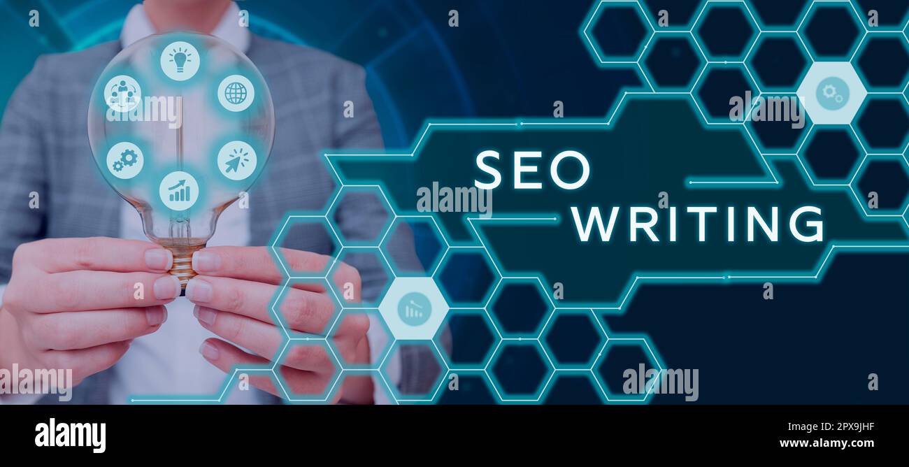 Konzeptionelle Darstellung Seo Schreiben, Geschäftsübersicht die Aufmerksamkeit der Suchmaschinen mit einem bestimmten Wort wecken Stockfoto