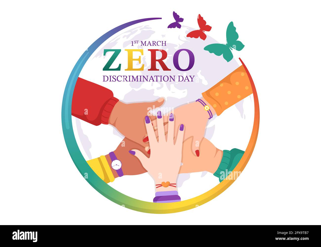 Zero Discrimination Day Illustration mit verschiedenen Personen und Farben für die Landing Page in der handgezogenen Flugvorlage für Schmetterlinge in Cartoon Stockfoto