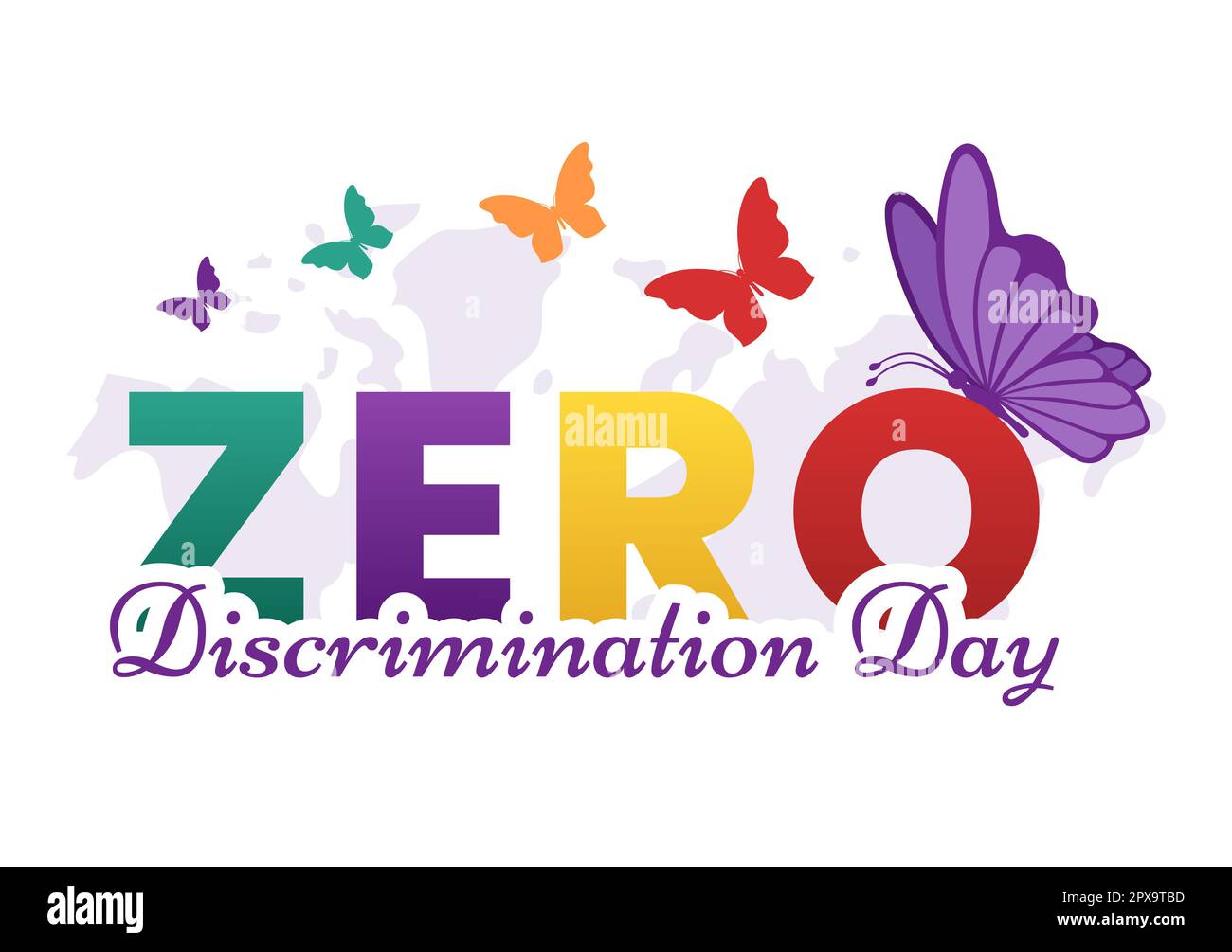 Zero Discrimination Day Illustration mit verschiedenen Personen und Farben für die Landing Page in der handgezogenen Flugvorlage für Schmetterlinge in Cartoon Stockfoto