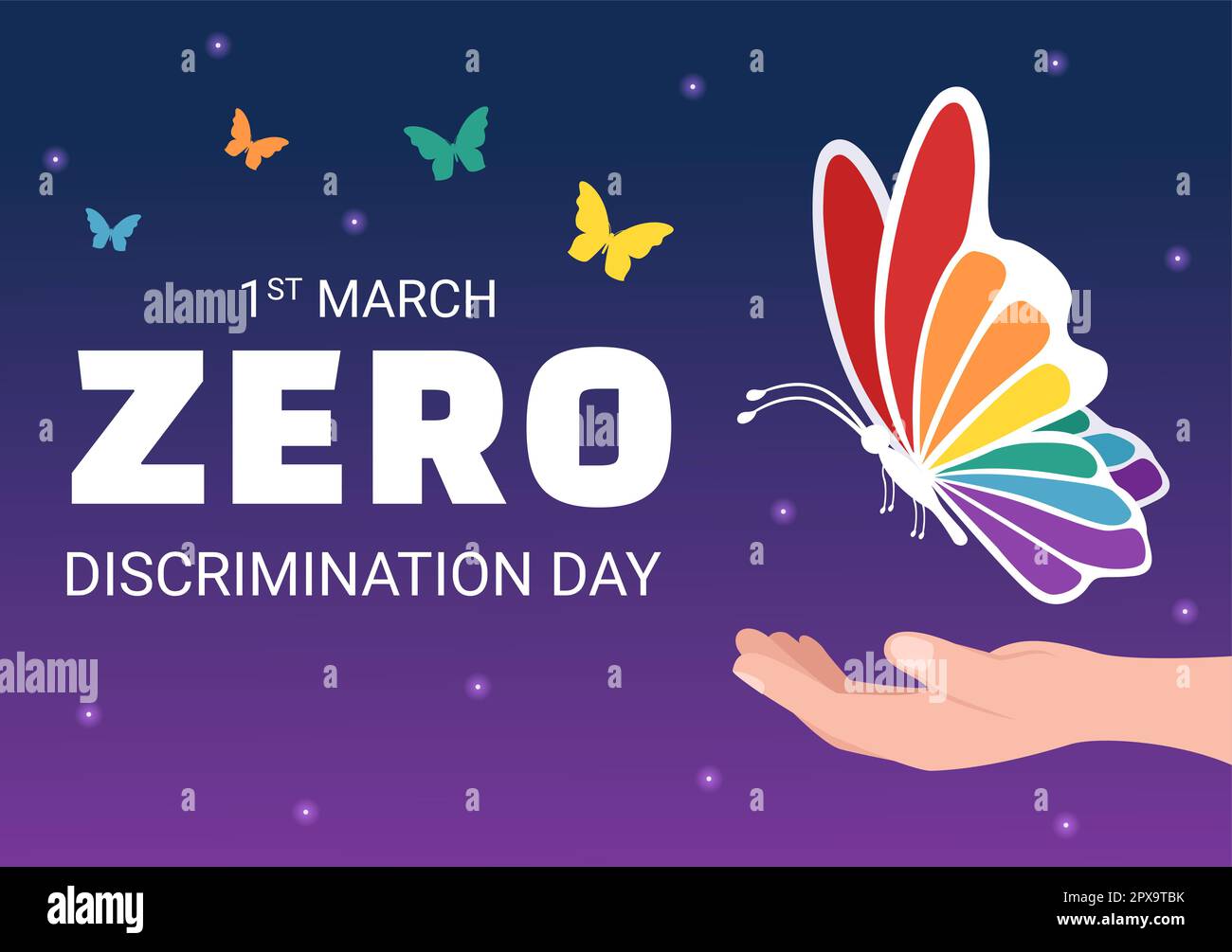 Zero Discrimination Day Illustration mit verschiedenen Personen und Farben für die Landing Page in der handgezogenen Flugvorlage für Schmetterlinge in Cartoon Stockfoto