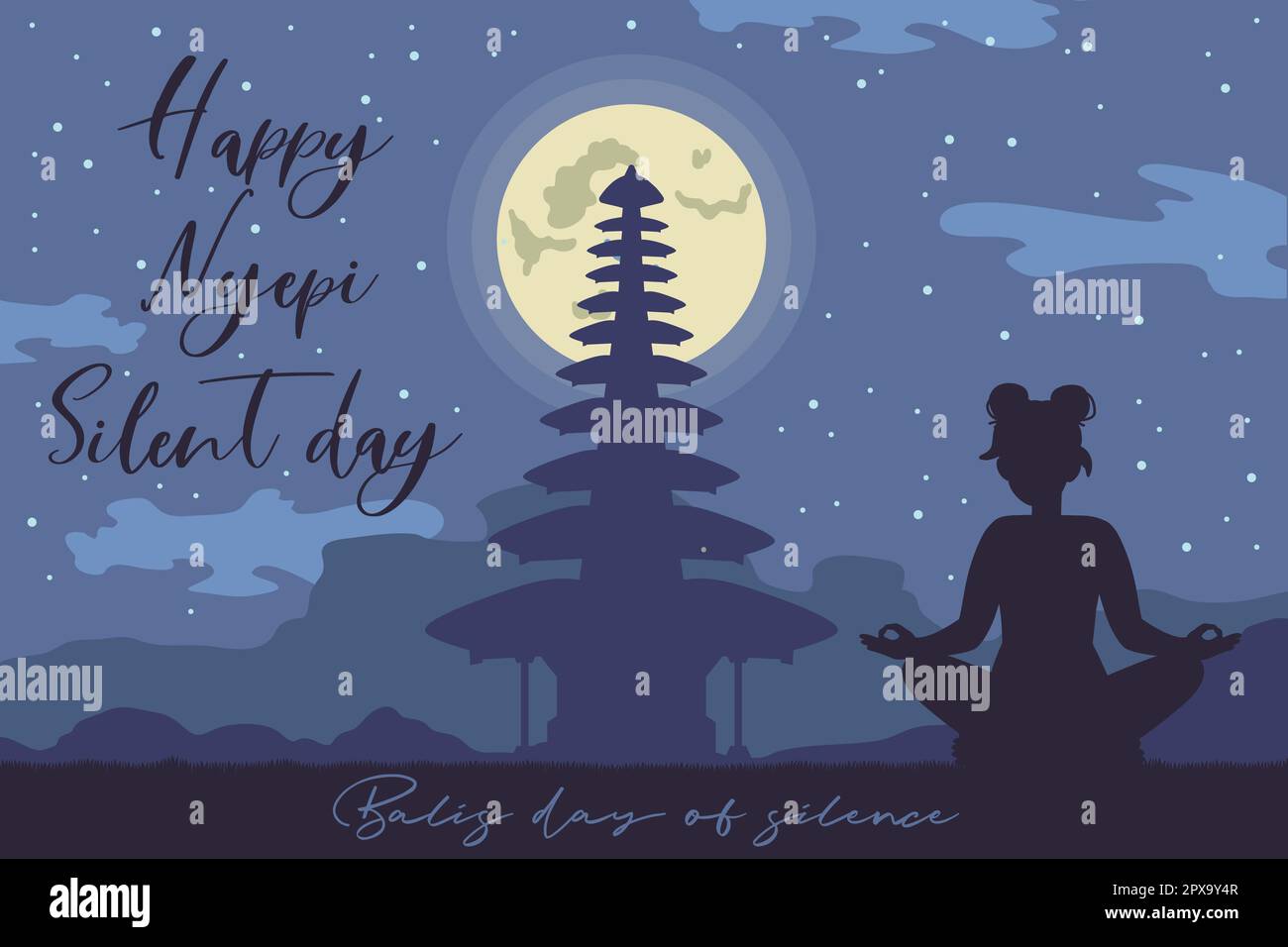 Horizontales Nyepi-Posterbanner mit Nachtatmosphäre und weiblicher Silhouette in Lotus-Pose. Vektordarstellung für Balis Tag der Stille in Stock Vektor