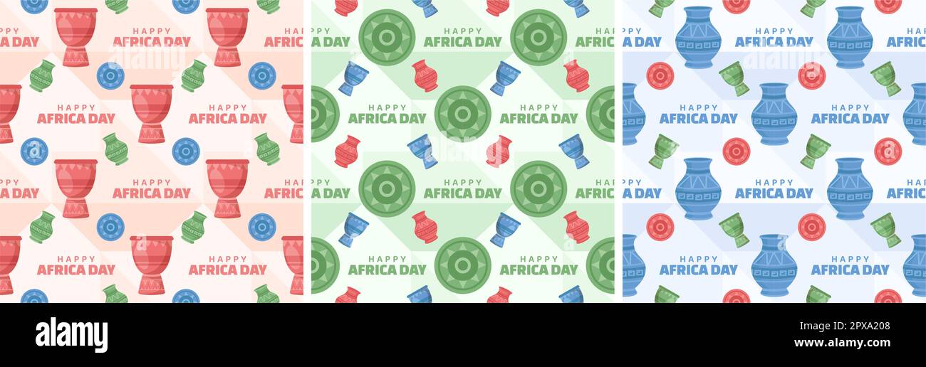Set aus nahtlosem Muster zum „Happy Africa Day“ mit afrikanischen Stammesfiguren, Dekoration in einer Vorlage, handgezeichnet, flache Cartoon-Illustration Stock Vektor