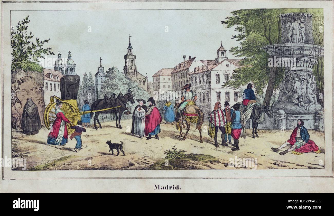 Alte Farbzeichnung von Madrid. 1850 Stockfoto