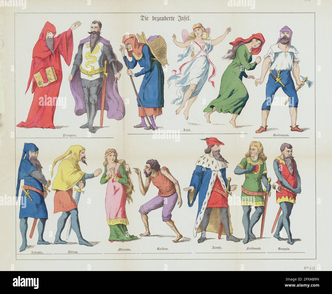 Vintage-Illustrationen von „The Tempest“, einem Stück von William Shakespeare, 1881 Puppentheater-Sammlung. Prospero – der rechtmäßige Herzog von Mailand, Miranda – Tochter von Prospero, Ariel – ein Geist im Dienste von Prospero, Caliban – ein Diener von Prospero und ein wildes Monster, Alonso – König von Neapel, Sebastian – Alonsos Bruder, Antonio – Prosperos Bruder, der sich an den Herzog von Mailand räubernde, Ferdinand – Alonsos Sohn Gonzalo – ein ehrlicher alter Stadtrat Adrian – ein lord, der unter Alonso dient, Francisco – ein lord unter Alonso, Trinculo – der Witz des Königs Stockfoto