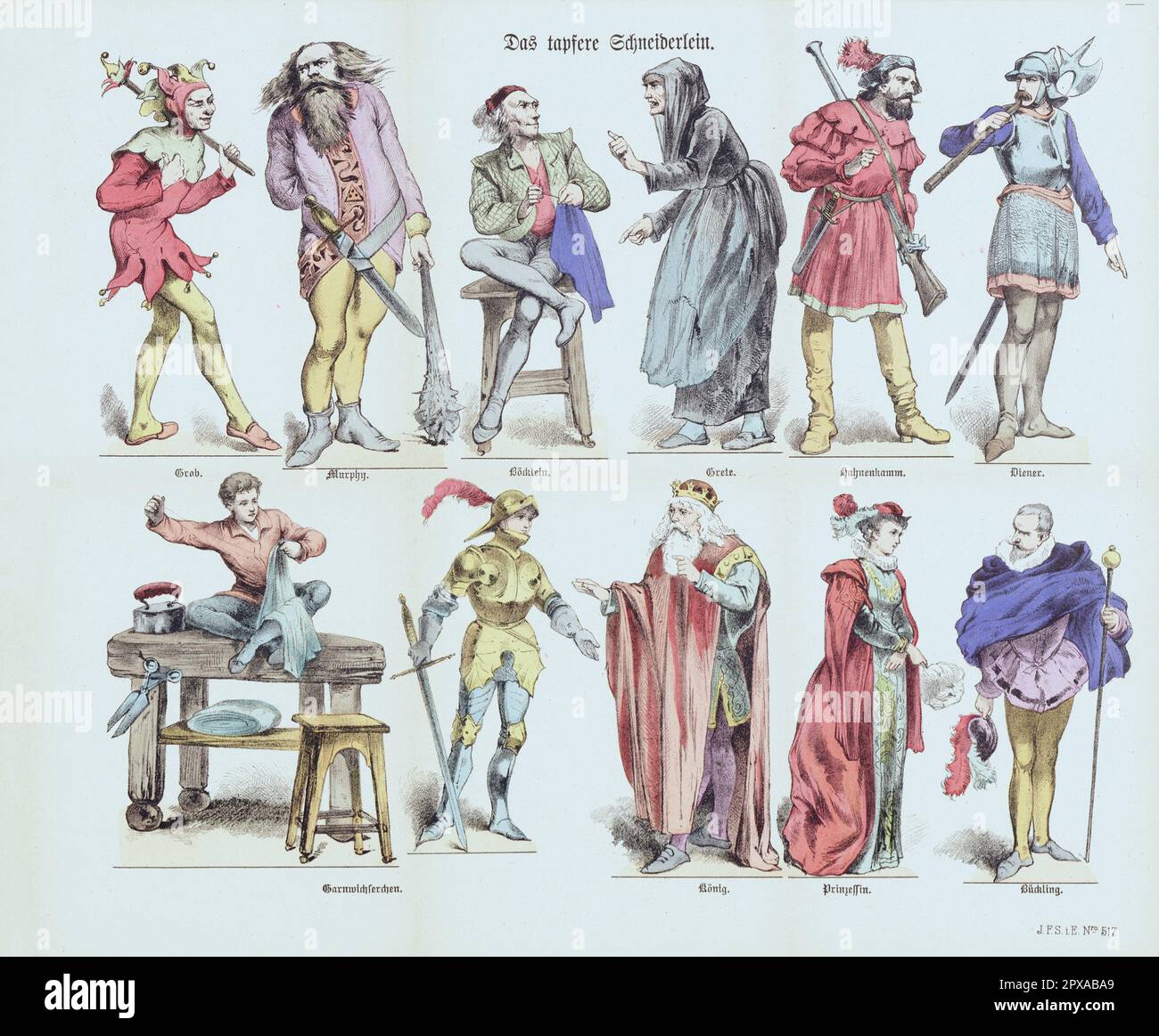 Deutsche Vintage-Zeichnungen des Märchens „der mutige kleine Schneider“ aus dem Jahr 1882, das von den Brüdern Grimm gesammelt wurde Stockfoto