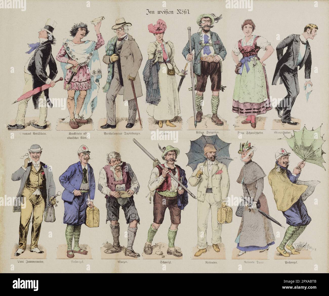 Lithografie: Im White Horse Inn 1890 ist das White Horse Inn (Germ. Im weißen Rößl) eine Operette oder musikalische Komödie von Ralph Benatzky und Robert Stolz in Zusammenarbeit mit einer Reihe anderer Komponisten und Schriftsteller im malerischen Salzkammergut in Oberösterreich. Сolor Stockfoto