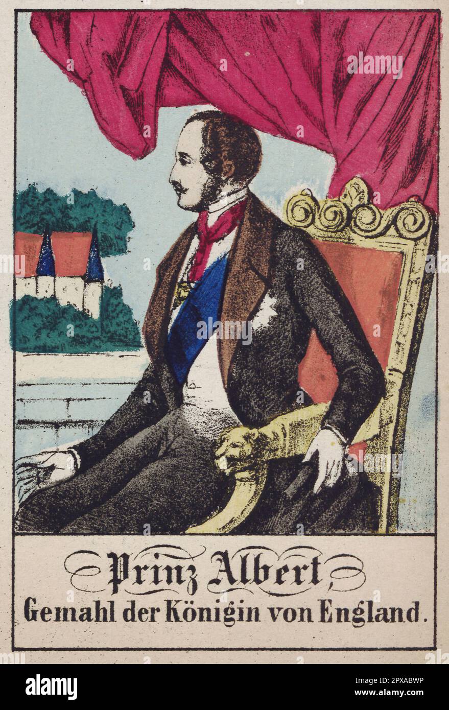 Сolor Lithographie von Albert, Prinz Consort. 1861 Prinz Albert von Sachsen-Coburg und Gotha (Franz August Karl Albert Emanuel; 1819 – 1861) war Begleiter des britischen Monarchen als Ehemann von Königin Victoria von ihrer Hochzeit am 10. Februar 1840 bis zu seinem Tod im Jahr 1861. Stockfoto