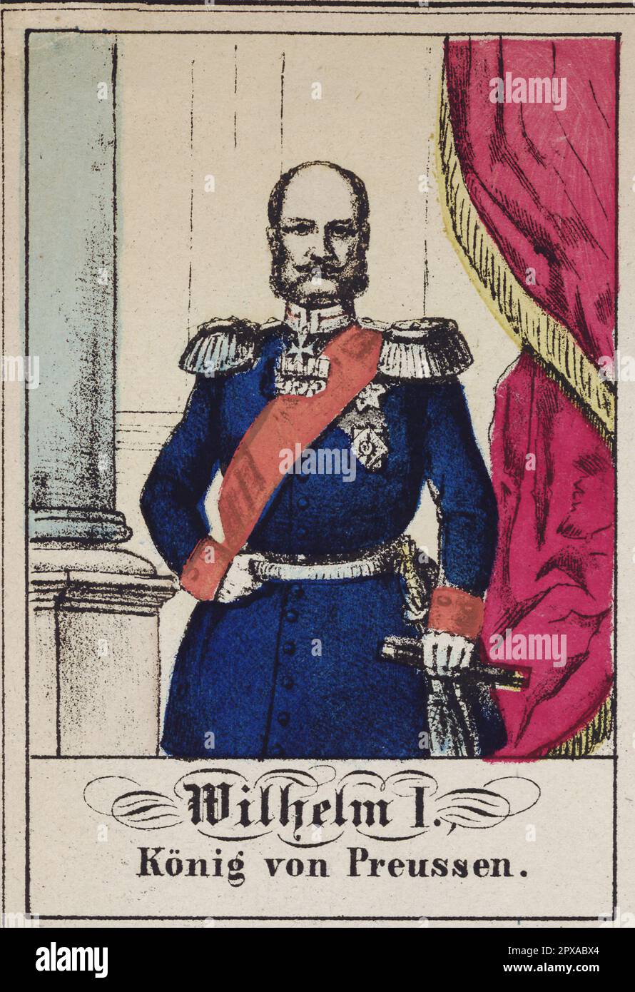 Сolor Lithographie der Herrscher und Ehefrauen Preußen, Russlands, Englands und Österreichs, 1861 Wilhelm I, König Preußen Wilhelms Wilhelms I oder Wilhelm I (Deutsch: Wilhelm Friedrich Ludwig; 1797–1888) war König Preußen vom 2. Januar 1861 und deutscher Kaiser vom 18. Januar 1871 bis zu seinem Tod im Jahr 1888. Als Mitglied des Hauses Hohenzollern war er der erste Staatschef eines vereinten Deutschlands. Er war de facto Staatschef Preußen von 1858, als er Regent für seinen Bruder Frederick William IV. Wurde, dessen Tod drei Jahre später ihn zum König machte. Stockfoto