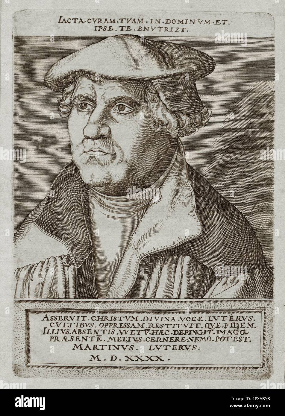 Gravurporträt von Martin Luther. 1540 Martin Luther (1483-1546) war ein deutscher Theologieprofessor, Priester, Autor, Komponist, ehemaliger Augustinischer Mönch und ist am besten als eine bahnbrechende Figur in der protestantischen Reformation und als Namensgeber des Lutheranismus bekannt. Stockfoto
