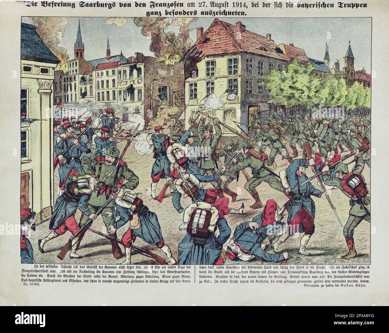Klassisches deutsches Propagandaposter: Die Befreiung Saarburgs von den Franzosen am 27. August 1914, in der sich die bayerischen Truppen besonders hervorhoben. 1914 Stockfoto