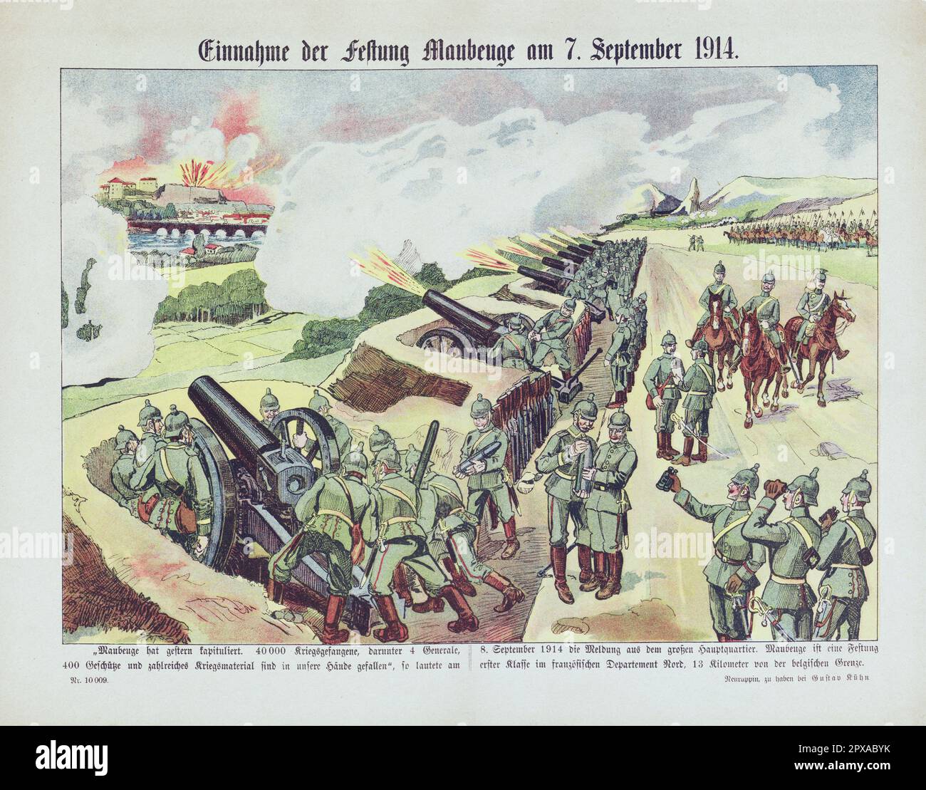 Deutsches Propagandallithographie-Poster: Fang der Festung Maubeuge am 7. September 1914. 1914 die Belagerung von Maubeuge fand vom 24. August bis zum 7. September 1914 im etablierten Lager von Maubeuge statt, dem Beginn des Ersten Weltkriegs an der Westfront. Stockfoto