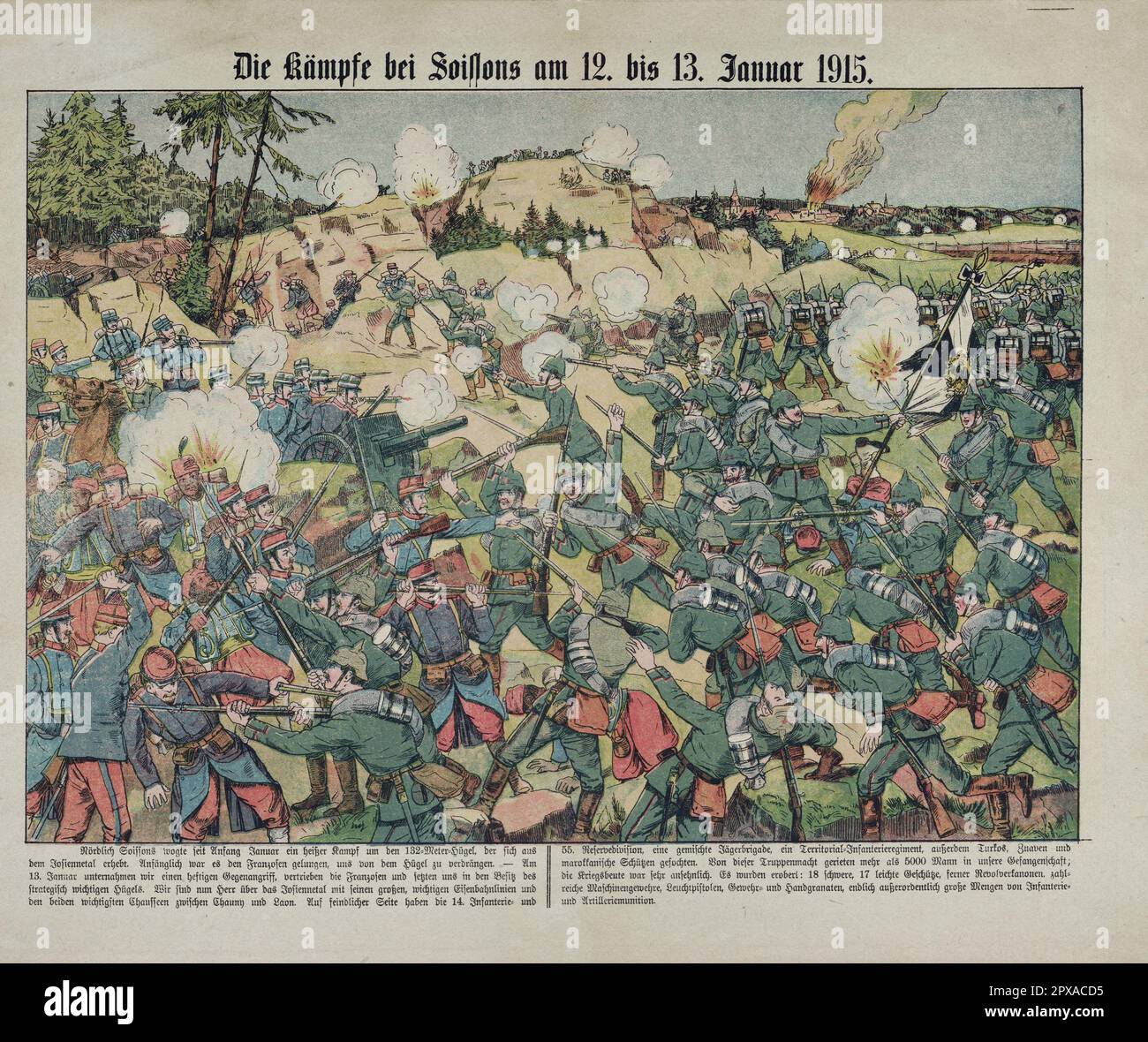 Deutsches Propagandaposter zum Ersten Weltkrieg: Die Kämpfe in Soissons vom 12. Bis 13. Januar 1915. Die Schlacht von Soissons (Französisch: La Bataille de Crouy ) war Teil des Ersten Weltkriegs und fand vom 8. Bis 14. Januar 1915 an der mittleren Westfront des Aisne-Abschnitts nördlich von Soissons statt . Der Konflikt diente auf deutscher Seite als Ablenkungsangriff und Erleichterung von den Anschlägen der Franzosen in Champagne und Artois zur gleichen Zeit . Teile der deutschen 1. Armee konnten französische Angriffe abwehren und die Lage nach einem Gegenangriff stabilisieren. Die neu gewonnene Front könnte das auch Stockfoto