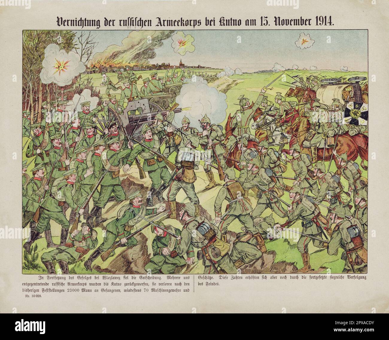 Alte deutsche Propagandazeichnung der Zerstörung des russischen Armeekorps nahe Kutno am 15. November 1914 Stockfoto