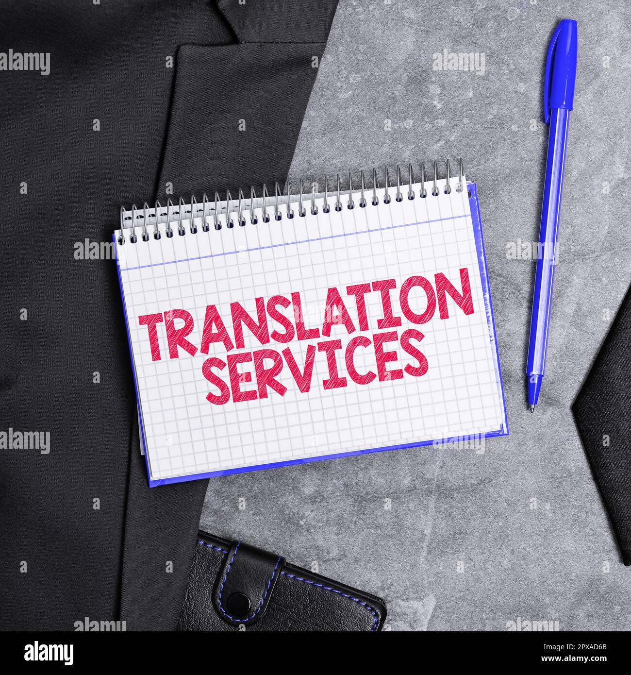 Textunterschrift für Translation Services, Business Concept Organization, die Sprachübersetzungen ermöglicht Stockfoto