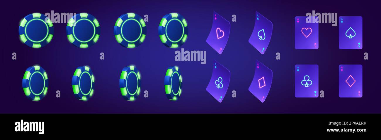 Realistisches Set aus Casino-Chips und Ass-Karten, isoliert auf blauem Hintergrund. Vektordarstellung von Spielzeugen in Neonfarben, die sich drehen. Designelemente der Online-Wetten-App. Tabelle mit Bewegungssimulation Stock Vektor
