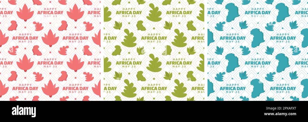 Set aus nahtlosem Muster zum „Happy Africa Day“ mit afrikanischen Stammesfiguren, Dekoration in einer Vorlage, handgezeichnet, flache Cartoon-Illustration Stock Vektor