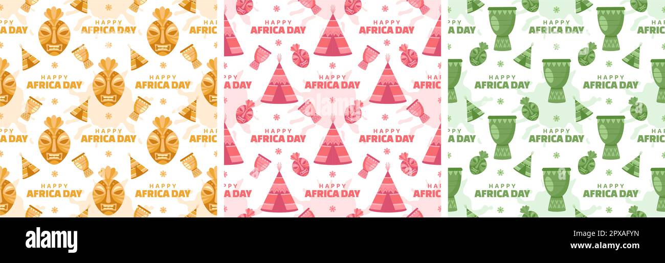 Set aus nahtlosem Muster zum „Happy Africa Day“ mit afrikanischen Stammesfiguren, Dekoration in einer Vorlage, handgezeichnet, flache Cartoon-Illustration Stock Vektor