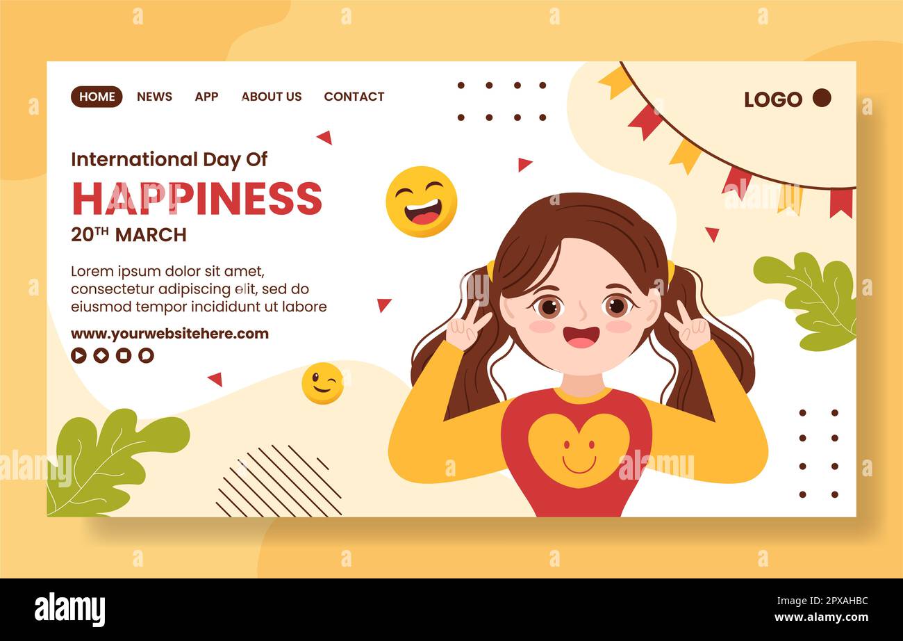 World Happiness Day – Landing Page in sozialen Medien mit lächelndem Gesicht flache, handgezeichnete Cartoon-Vorlagen Illustration Stockfoto