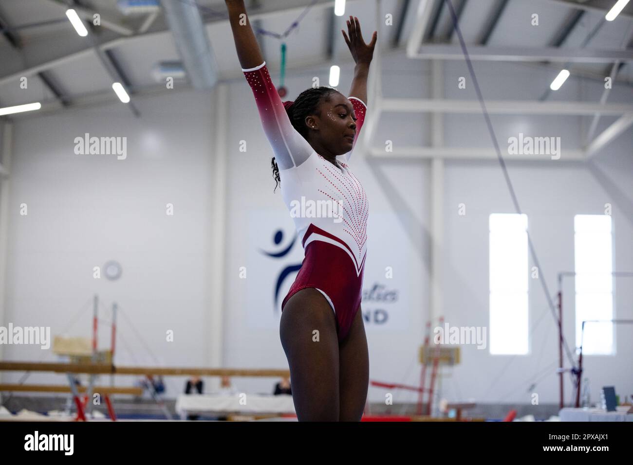 Åland Invitational 2023 Gymnastics, Mariehamn, April 2023. Turner aus Finnland, Schweden, Norwegen und dem Vereinigten Königreich. Bild: Rob Watkins. Abbildung: Bodenfinale Stockfoto