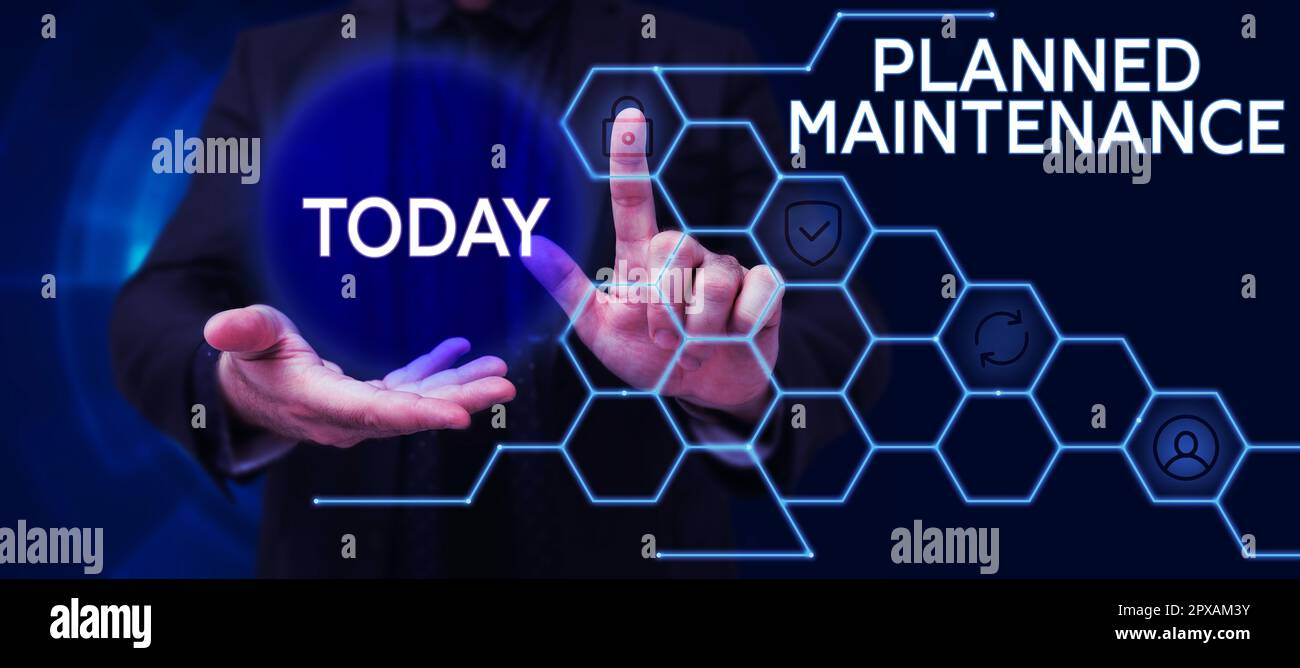 Schreiben mit dem Text geplante Wartung, regelmäßige Überprüfung der konzeptionellen Fotos Stockfoto