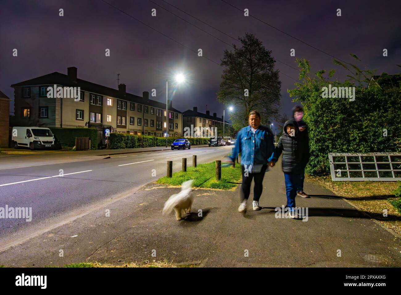 Eine Familie führt ihren Hund spät in der Dunkelheit am Abend entlang, auf einem Fußweg Stockfoto