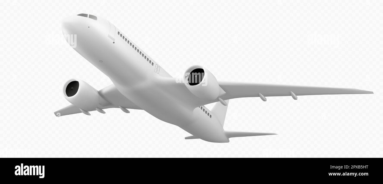 Realistische 3D-Ebene auf transparentem Hintergrund isoliert. Vektordarstellung eines weißen Flugzeugmodells für Passagier-, Fracht- und internationale Postzustellung. Transport für Urlaubsreisen Stock Vektor