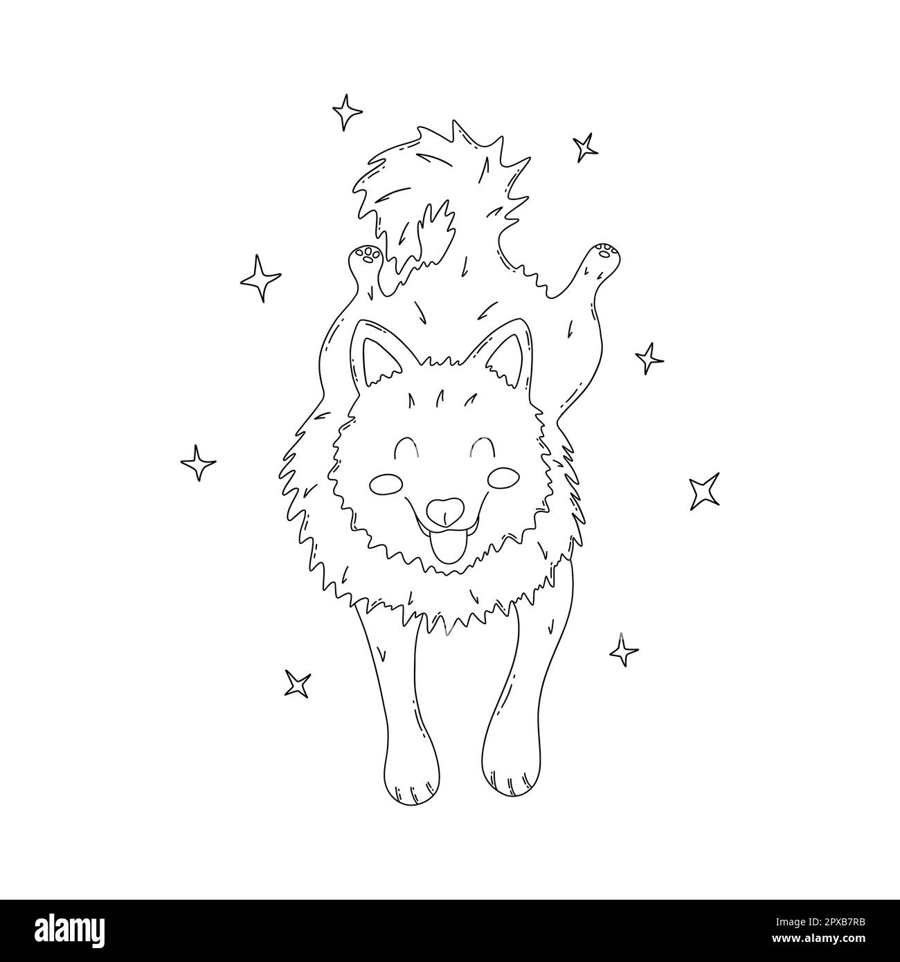 Verspielter Hund lügt und sieht süß aus, mit ausgestreckter Zunge. Laika-Hund, Freund, Blindenhund, Begleithund. Nationaler Welpen-Tag. Schwarz-weiß, handgezeichnet Stock Vektor