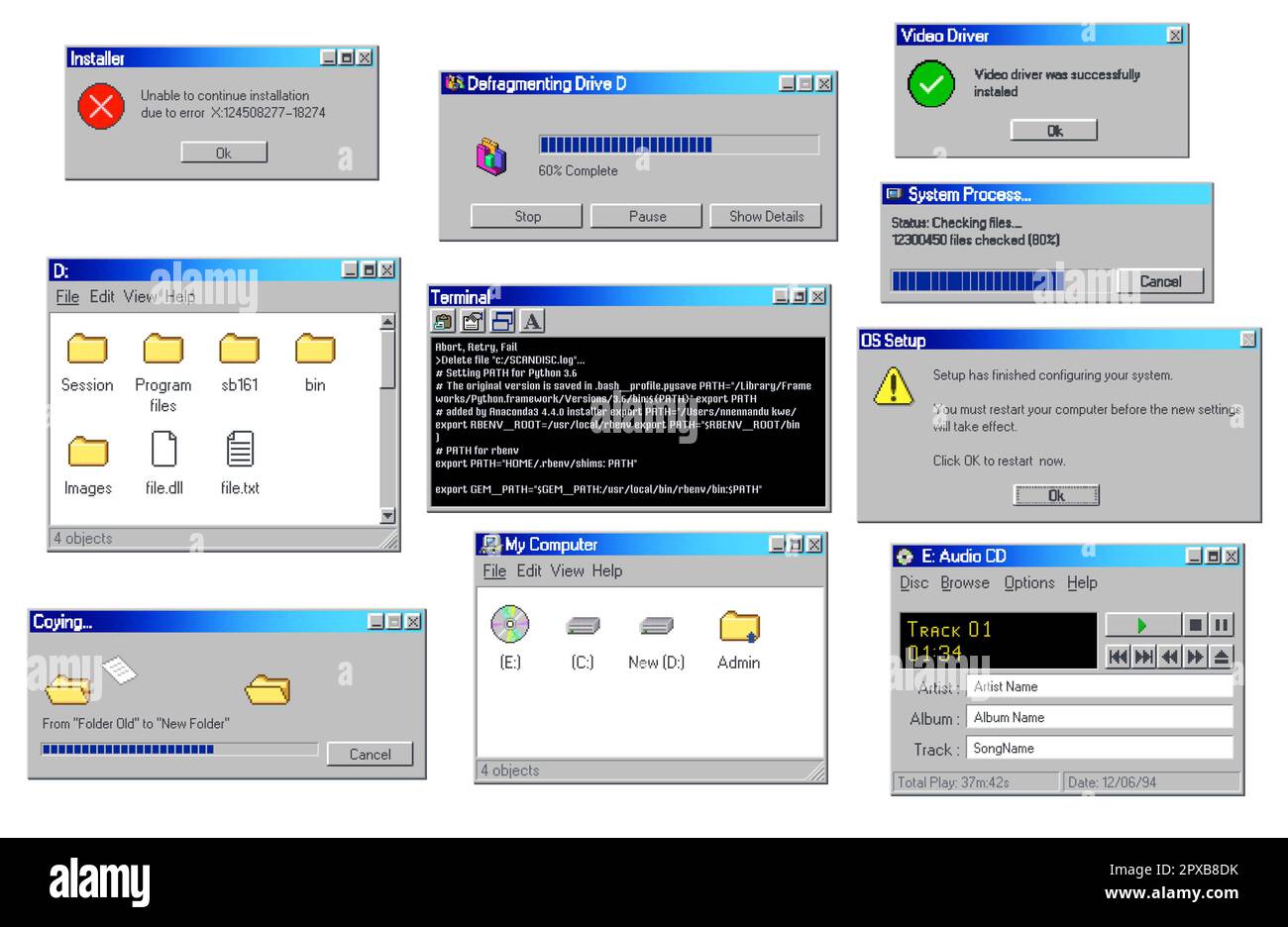 Vintage-PC-Software-Fenster, Nachrichtentafeln, Vektorhintergründe. Vintage-PC-Fenster mit Dateiordnern auf der Festplatte, Systemfehler-Popu Stock Vektor