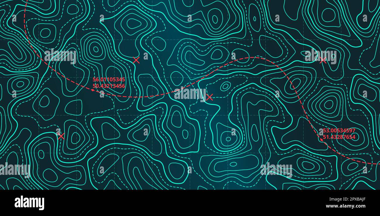 Topografische Linienkarte des Ozeans mit Vektordarstellung der kurvenförmigen Isolinien. Meerestiefe topographische Landschaftsfläche für nautische Radarwerte. Cartogra Stock Vektor