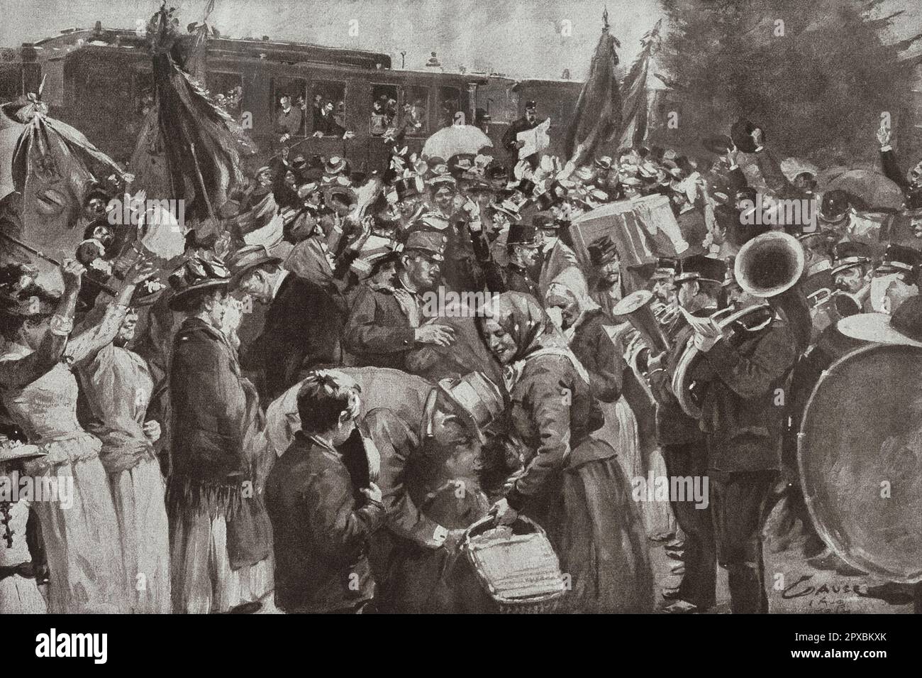 Erster Weltkrieg Zum Krieg zwischen Österreich-Ungarn und Serbien: Abgang eingetragener österreichischer Reservisten von einem Bahnhof in Niederösterreich. 1914 Stockfoto