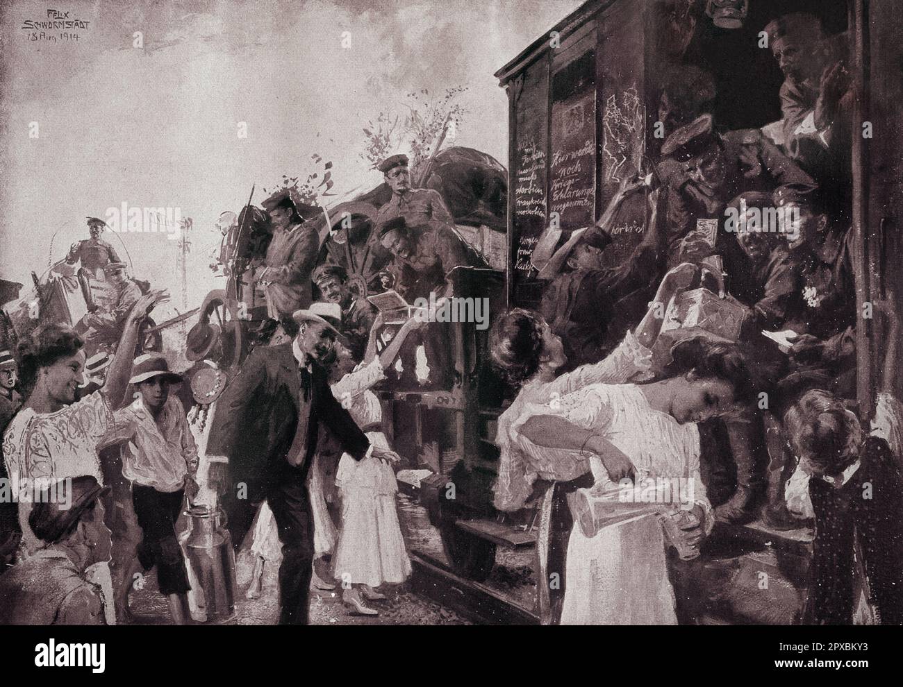 Erster Weltkrieg Deutschland im Krieg. Ein Vergnügen für vorbeifahrende Soldaten am Leipziger Vorstadtbahnhof. Autor Felix Schwormstadt. Stockfoto