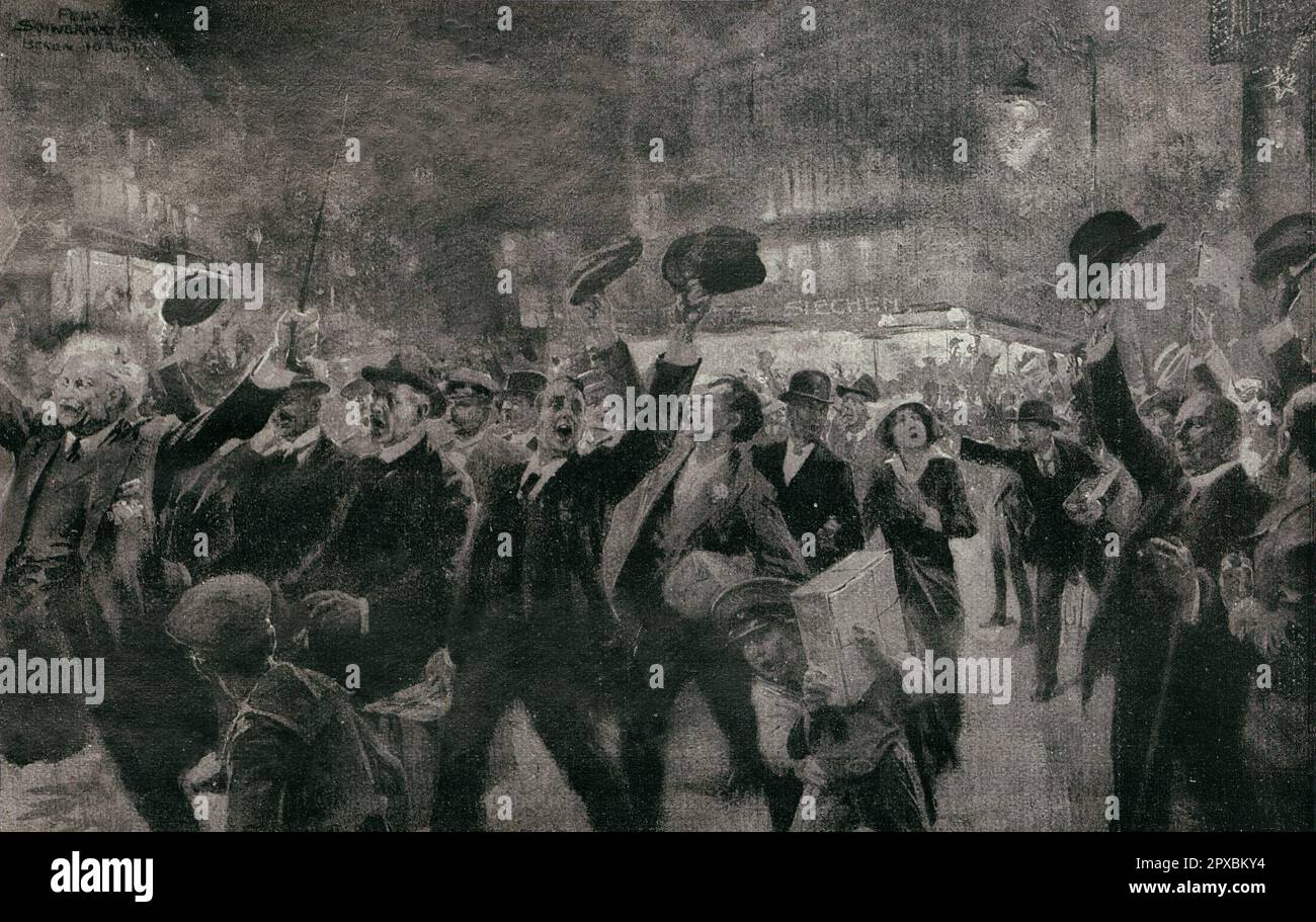 Erster Weltkrieg Deutschland im Krieg. Fröhliche Begrüßung der ankommenden Reservisten am Potsdamer Platz in Berlin. 1914 Stockfoto