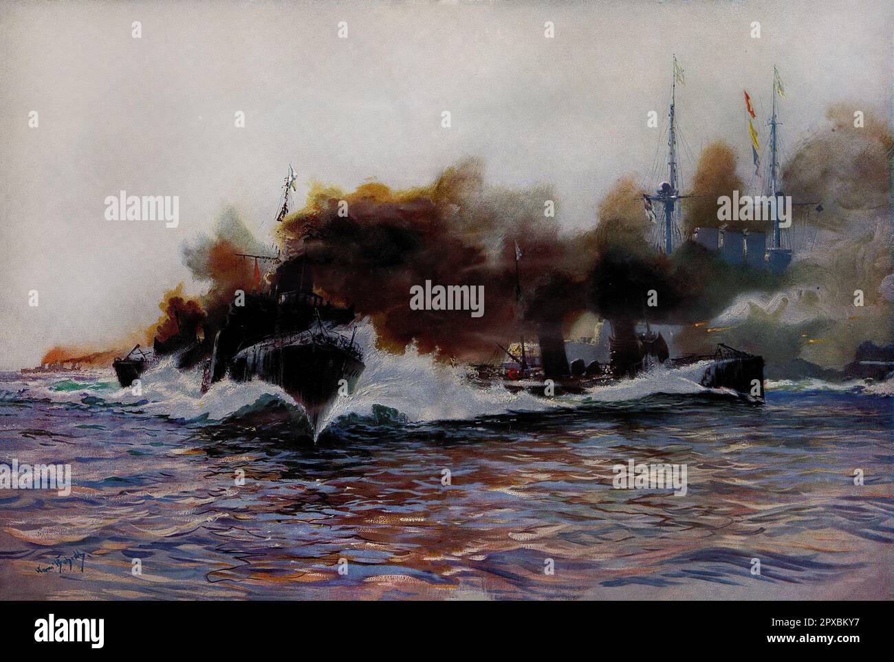 Erster Weltkrieg Deutschland im Krieg. Torpedo-Boot-Angriff. Nach einer Aquarelle von Professor Hans Bohrdt. 1914 Stockfoto