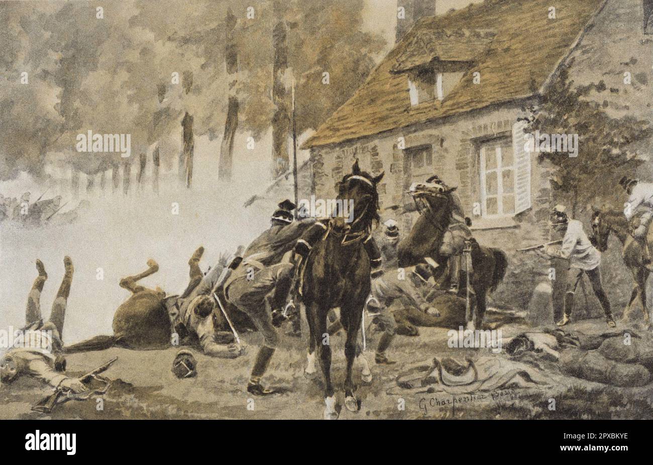 Erster Weltkrieg Frankreich im Krieg. Deutsche Uhlans, die in einem Dorf von französischen Drachen überrascht wurden. Von G. Charpentier-Bosio Stockfoto