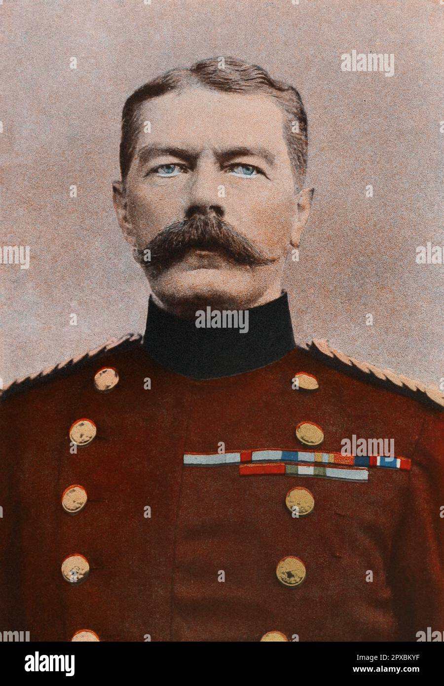 Herbert Kitchener, 1. Earl Kitchener. Feldmarschall Horatio Herbert Kitchener, 1. Earl Kitchener (1850-1916), war ein leitender Offizier der britischen Armee und Kolonialverwalter. Kitchener wurde für seine kaiserlichen Kampagnen, seine Beteiligung am Zweiten Burenkrieg und seine zentrale Rolle zu Beginn des Ersten Weltkriegs berühmt. Stockfoto