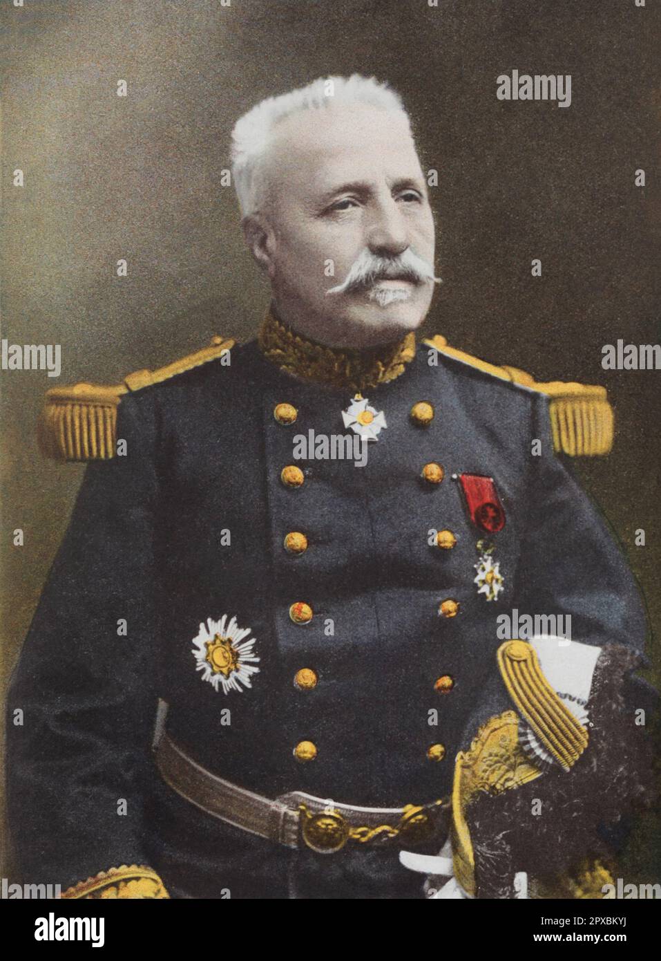 Französischer General Curiere de Castelnau. Noël Edouard, vicomte de Curières de Castelnau (1851-1944) war während des Ersten Weltkriegs französischer Armeegeneral, Befehlshaber der Armeegruppe und Stabschef der Streitkräfte. Stockfoto