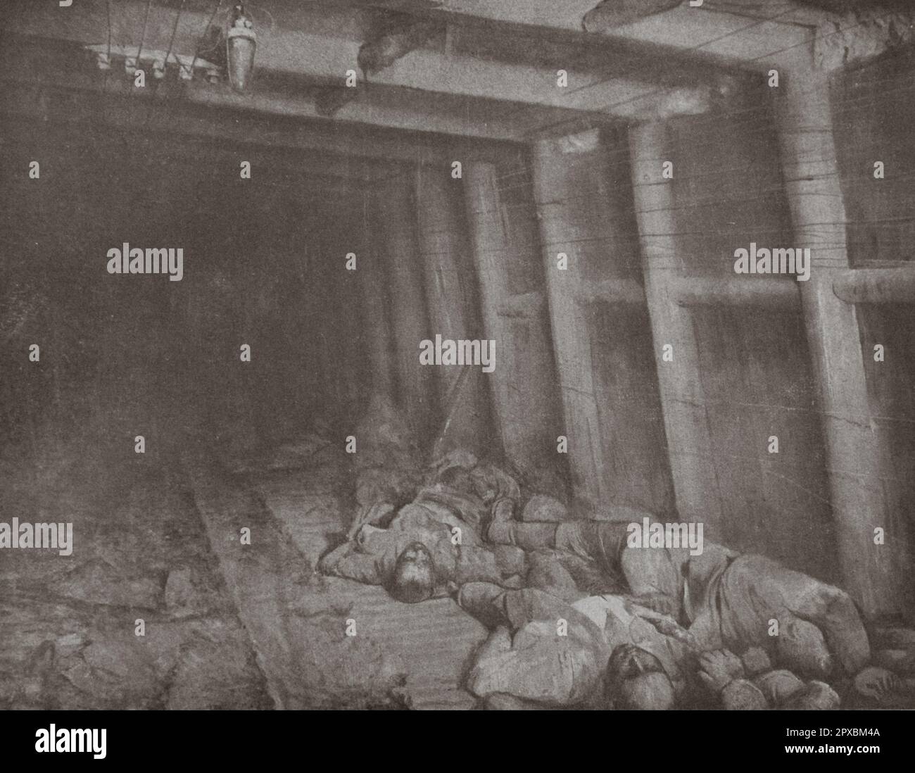 Erster Weltkrieg Französischer Erfolg in Verdun. Einer der Tunnel von Mort-Homme (Toter Mann) wurde am 20. August 1917 erobert: Die „Kronprinz-Galerie“, immer noch voll mit deutschen toten Soldaten Stockfoto