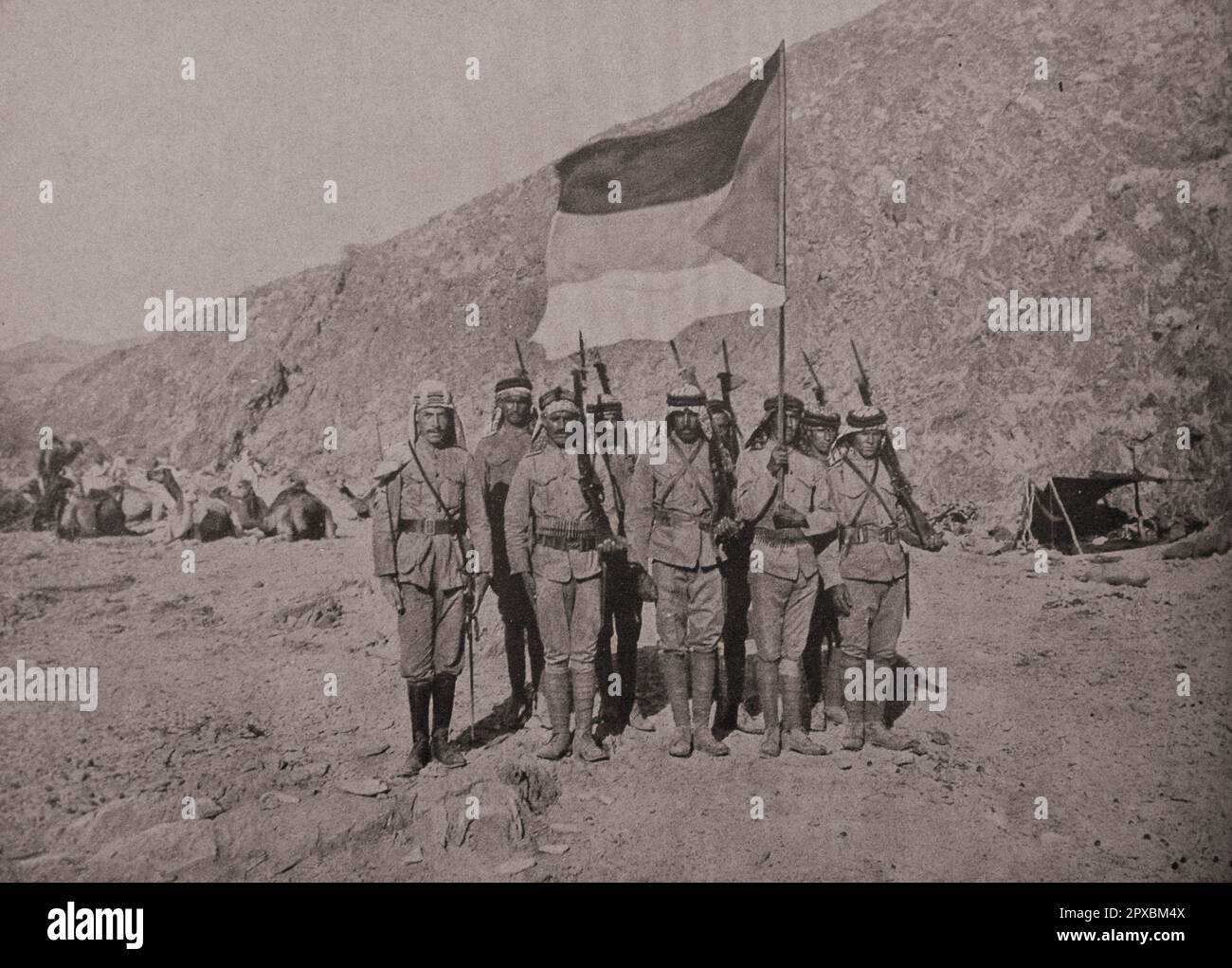 Erster Weltkrieg Naher Osten. Die Flagge des unabhängigen Königreichs Hejaz. Stockfoto