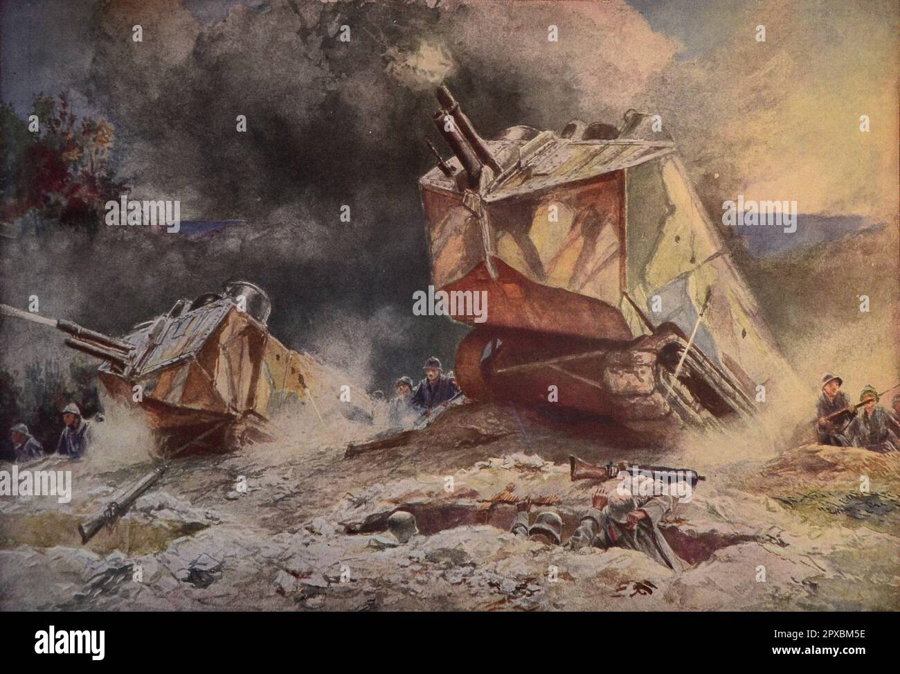 Erster Weltkrieg Die Panzer greifen an (Saint-Chamond-Panzer). 1918. Von Francois Flameng war der Saint-Chamond der zweite französische Panzer, der im Ersten Weltkrieg in Betrieb genommen wurde. Von April 1917 bis Juli 1918 wurden 400 Panzer hergestellt. Es hat seinen Namen aus der Gemeinde Saint-Chamond übernommen, in der seine Hersteller ansässig sind Stockfoto