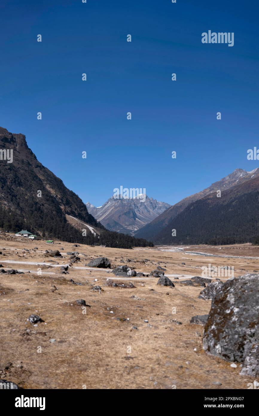 Yumthang Valley, ein malerisches Tal in Sikkim, bekannt für seine heißen Quellen, bunten Blumen und malerische Landschaft, besonders im Januar, wenn es sich um dieses Tal handelt Stockfoto