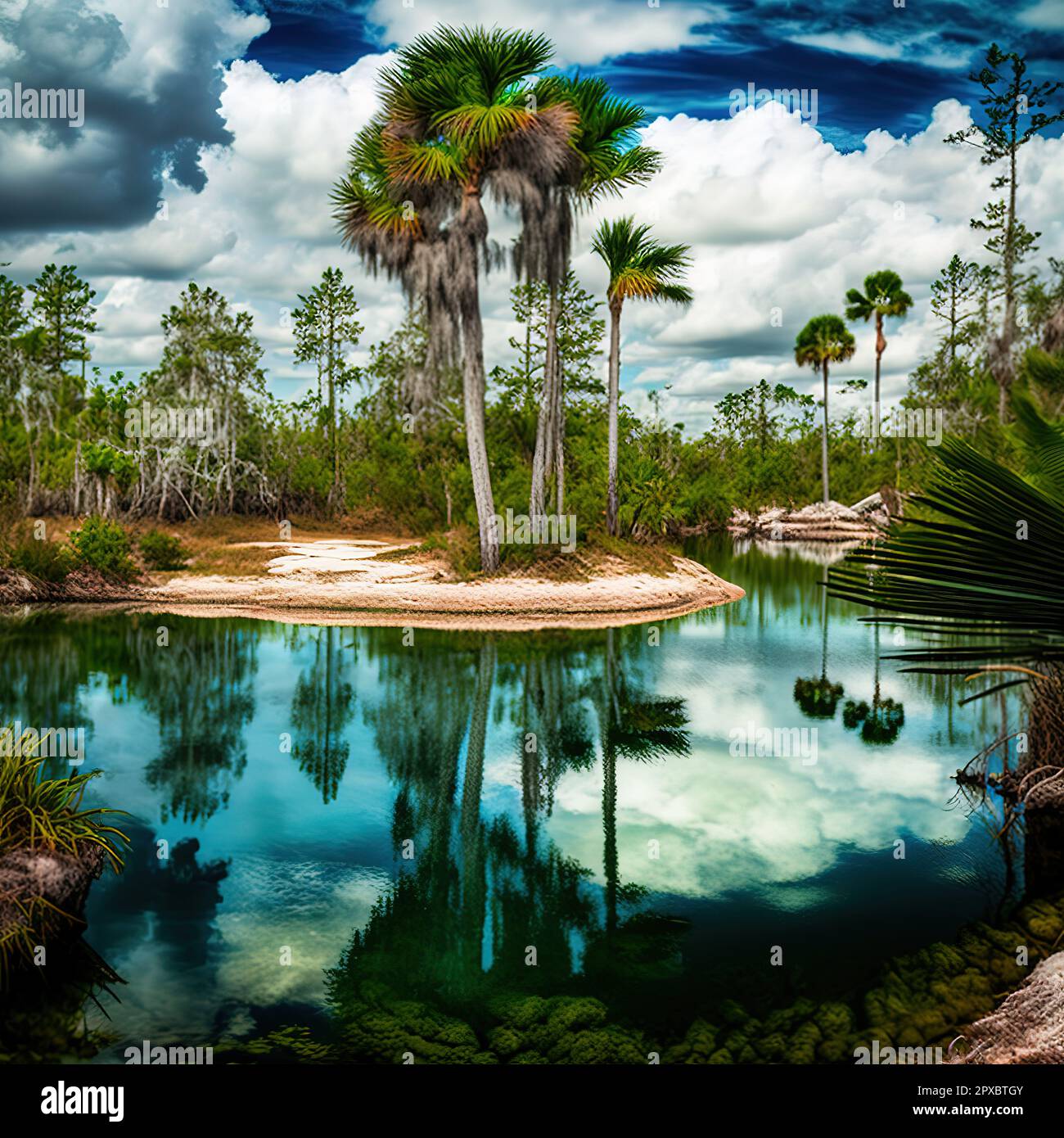 Dieses Gemälde zeigt die Schönheit des Nationalparks und Reservats von Grand Bahama, der Hauptattraktion der Bahamas. Der Park ist eine üppige Oase Stockfoto