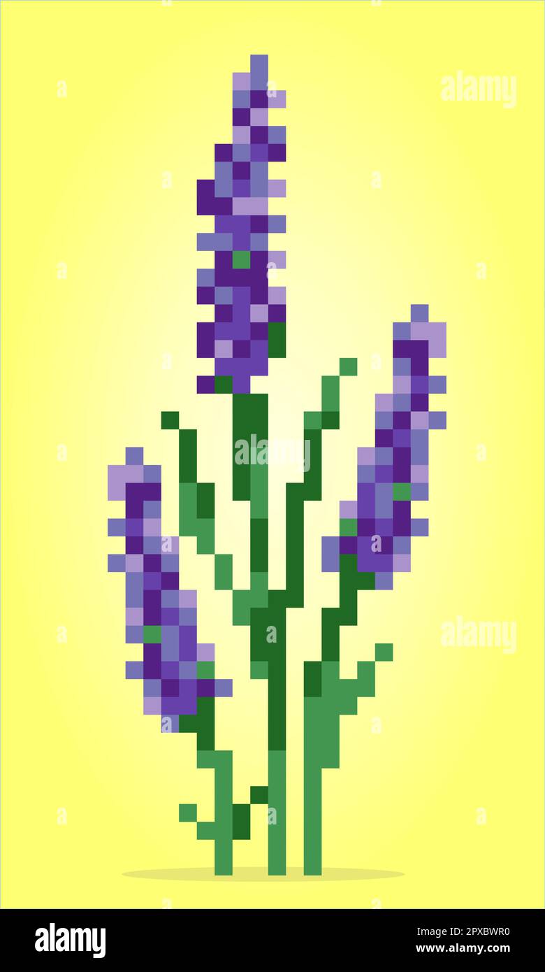 8 Bit Lavendelblume. Violette Blüten für Kreuzheftungsmuster in Vektorbildern. Stock Vektor