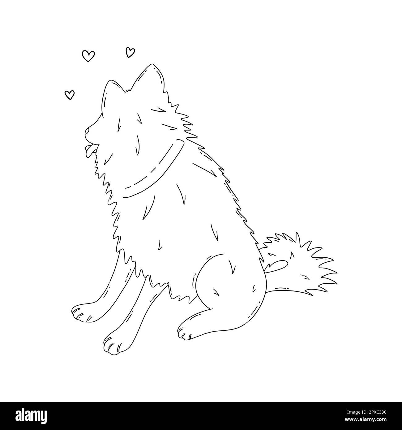 Verspielter Hund, der saß, drehte den Kopf zur Seite, Zunge raus. Laika-Hund, Freund, Blindenhund, Begleithund. Nationaler Welpen-Tag. Schwarz auf Weiß Stock Vektor