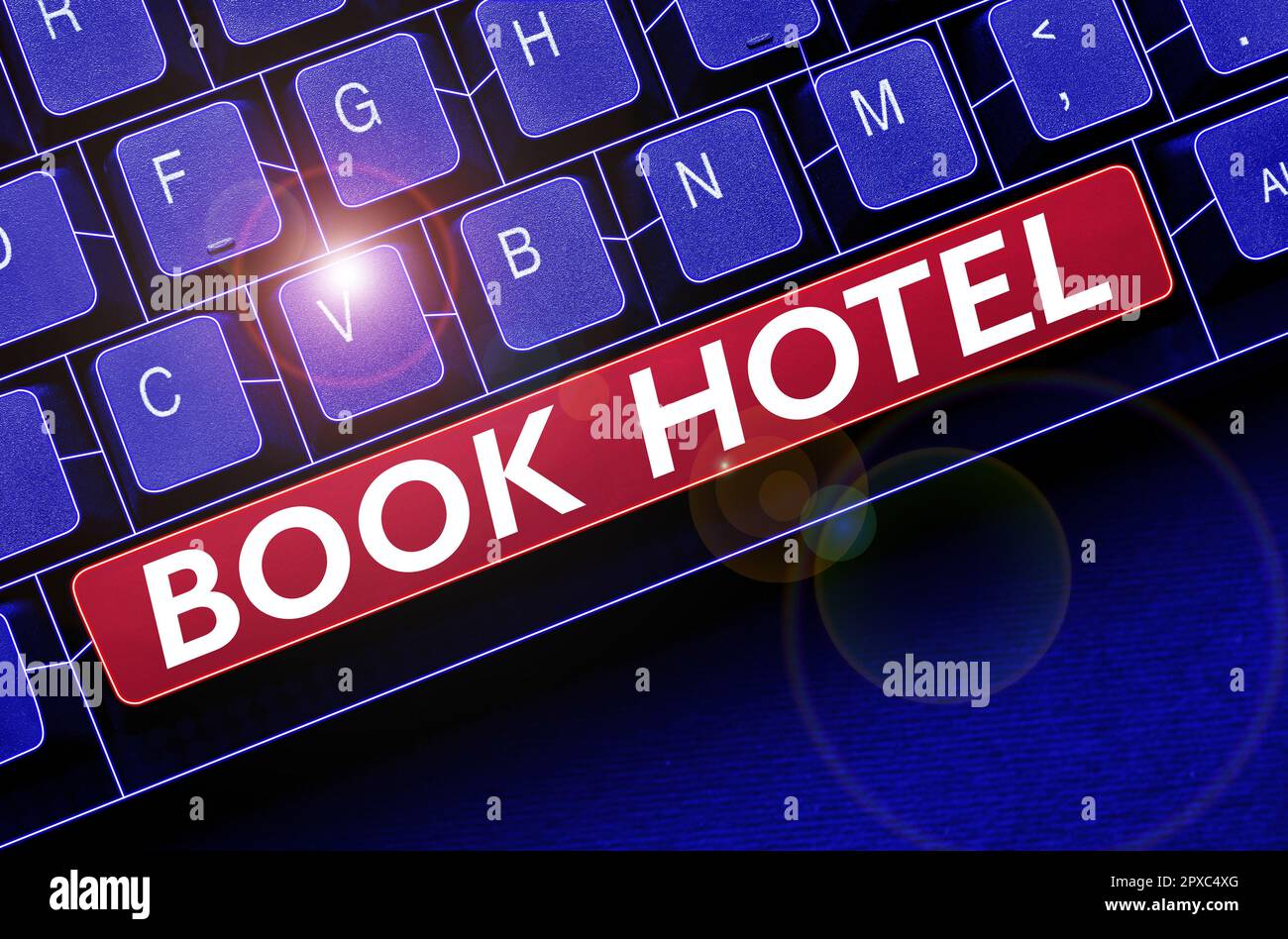 Schreiben mit Text Buchen Sie Hotel, Geschäftsidee ein Arrangement, das Sie für ein Hotelzimmer oder eine Unterkunft treffen Stockfoto