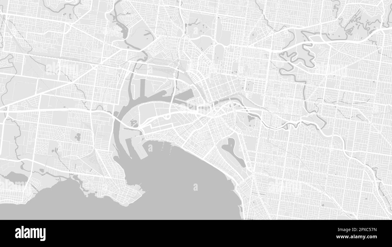 Weiß- und hellgraue Karte mit Vektorhintergrund, Straßen und Wasserdarstellung in Melbourne. Breitbildformat, Roadmap für digitales Flachdesign. Stock Vektor
